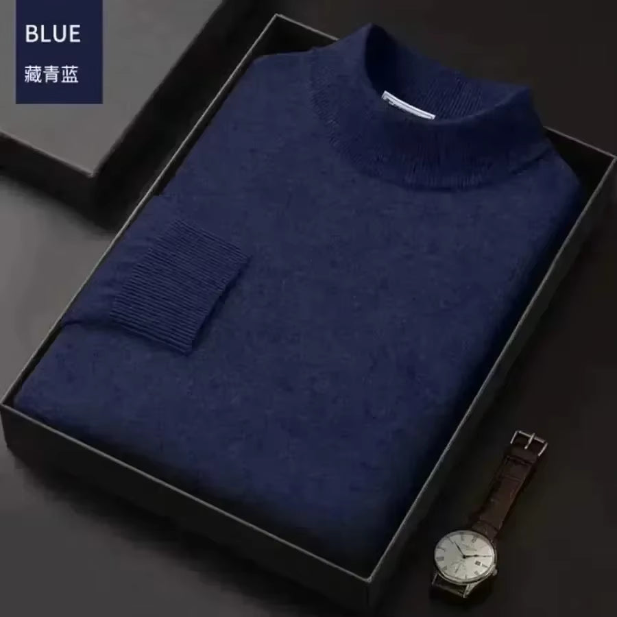 New 2025 Men'S Mock Collar 100% Pure Woolen Sweater Tops Autumn Winter Cashmere Sweater Men Pullover Knitted Warm Sweater Male