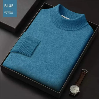 New 2025 Men'S Mock Collar 100% Pure Woolen Sweater Tops Autumn Winter Cashmere Sweater Men Pullover Knitted Warm Sweater Male