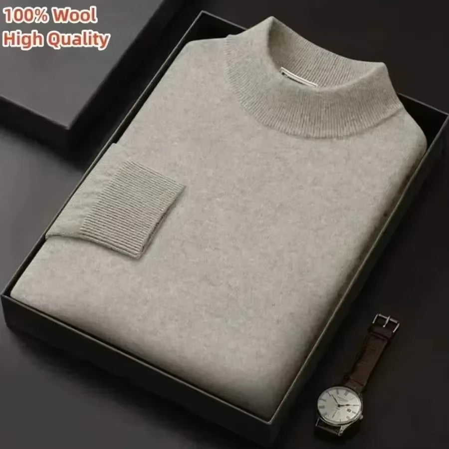 New 2025 Men'S Mock Collar 100% Pure Woolen Sweater Tops Autumn Winter Cashmere Sweater Men Pullover Knitted Warm Sweater Male