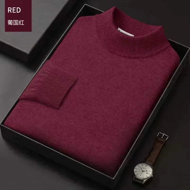 New 2025 Men'S Mock Collar 100% Pure Woolen Sweater Tops Autumn Winter Cashmere Sweater Men Pullover Knitted Warm Sweater Male