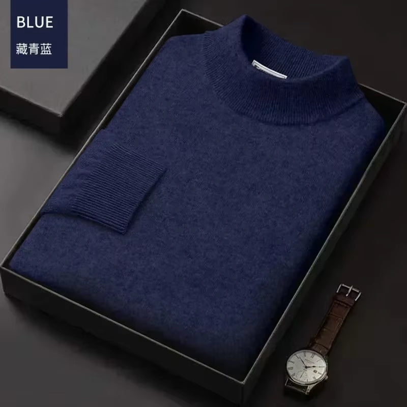 New 2025 Men'S Mock Collar 100% Pure Woolen Sweater Tops Autumn Winter Cashmere Sweater Men Pullover Knitted Warm Sweater Male