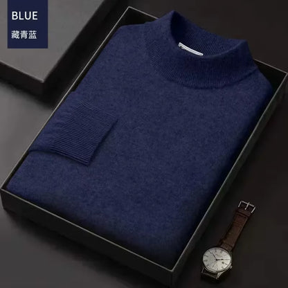 New 2025 Men'S Mock Collar 100% Pure Woolen Sweater Tops Autumn Winter Cashmere Sweater Men Pullover Knitted Warm Sweater Male