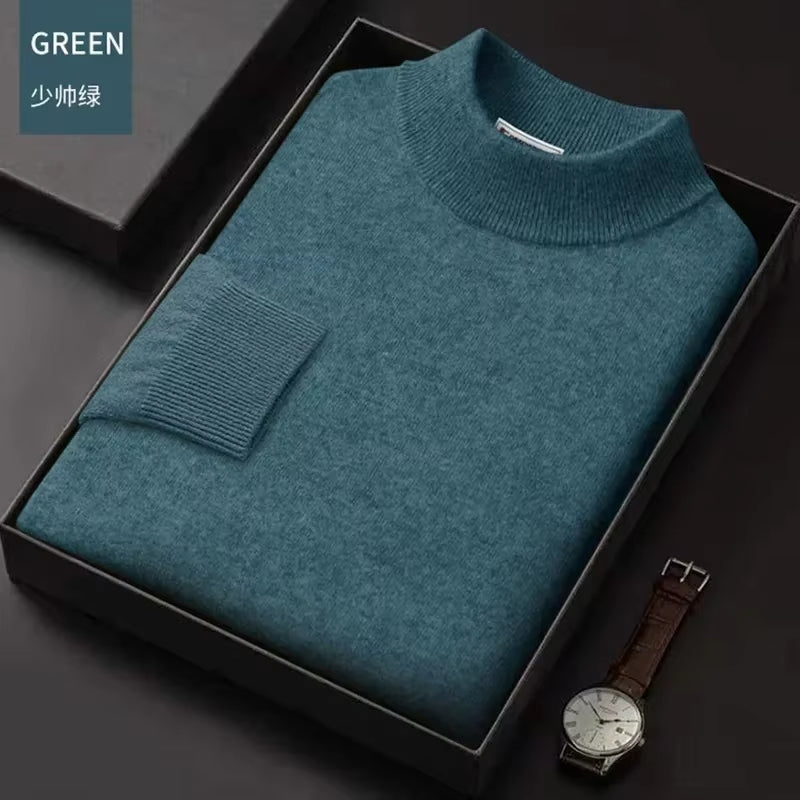 New 2025 Men'S Mock Collar 100% Pure Woolen Sweater Tops Autumn Winter Cashmere Sweater Men Pullover Knitted Warm Sweater Male